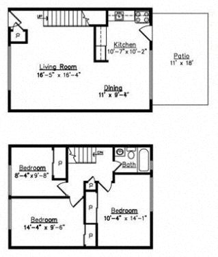Floor plan for 3 beds, 1 bath, 1050 sqft